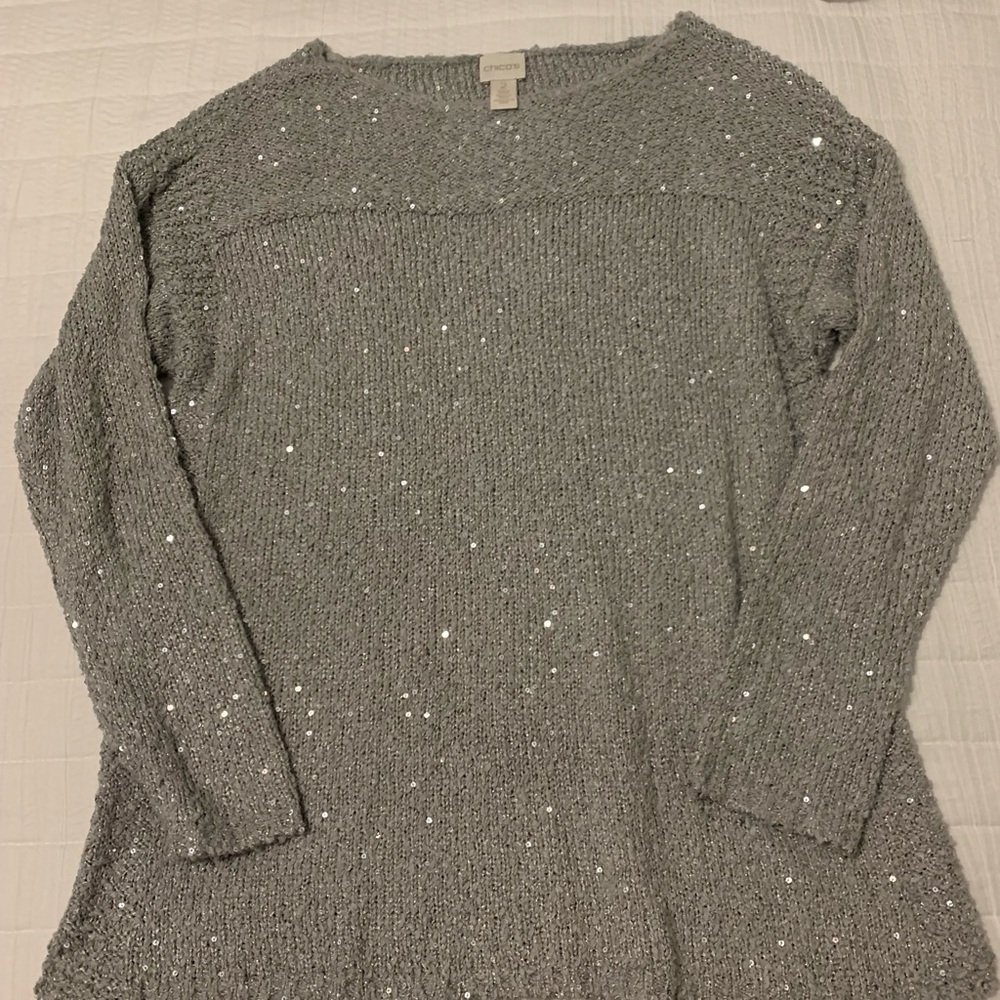 Chico’s Silver Sparkle Long Sweater with Round Neck Chico’s Size 2